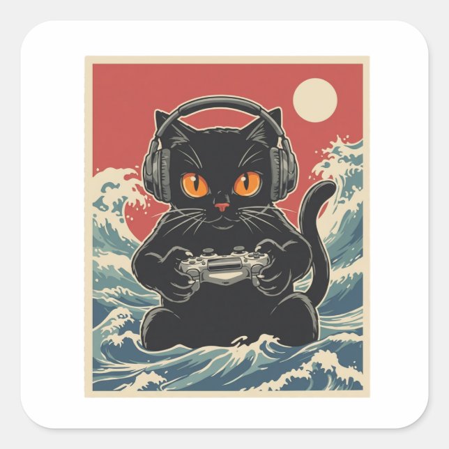 Adesivo Quadrado Funny Gamer Cat Retro Controller Headphones Night (Frente)