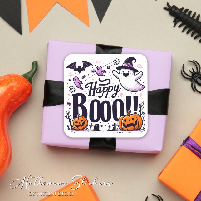 Adesivo Quadrado Funny Ghosts and Pumpkins Happy Boo Kids Halloween (Criador carregado)