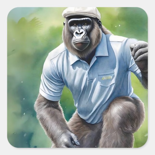 Adesivo Quadrado Funny Gorilla em Tan Hat Camisa Azul Jogando Golfe (Frente)