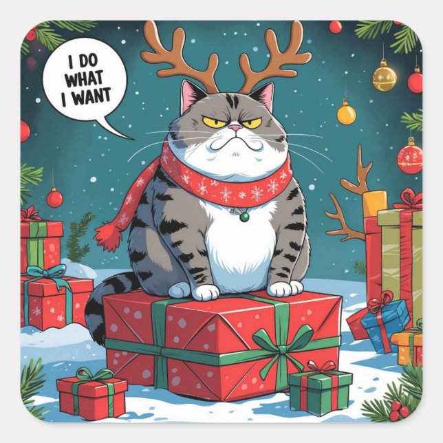 Adesivo Quadrado Funny Grumpy Cat Christmas Design – Fat Cat (Frente)