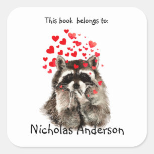 Adesivo Quadrado Funny Raccoon Animal soprando beijos Bookplate art