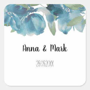 Adesivo Quadrado Fusão Floral Azul Aquarela Pintada à Mão