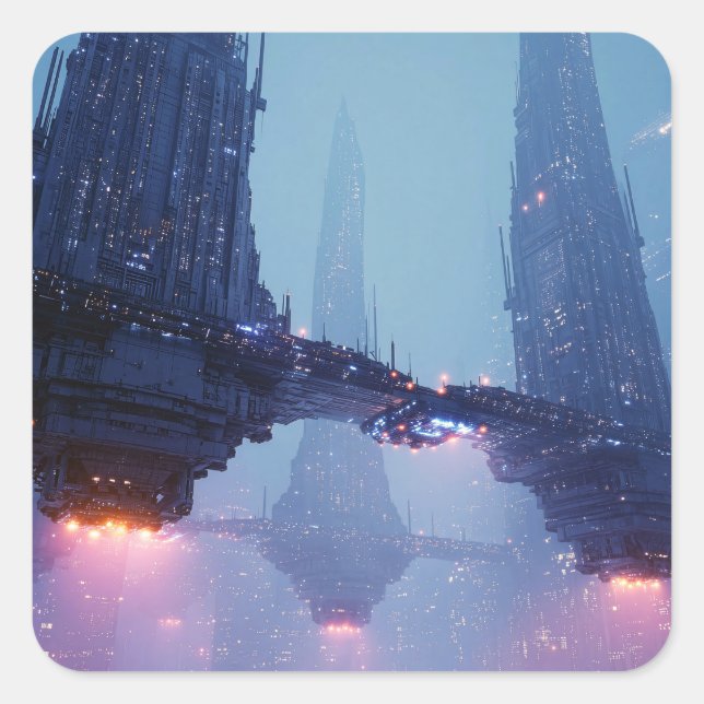 Adesivo Quadrado Futuristic Cityscape with Hovering Structures (Frente)
