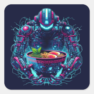 Adesivo Quadrado Futuristic Cyberpunk Robot Neon Food Ramen