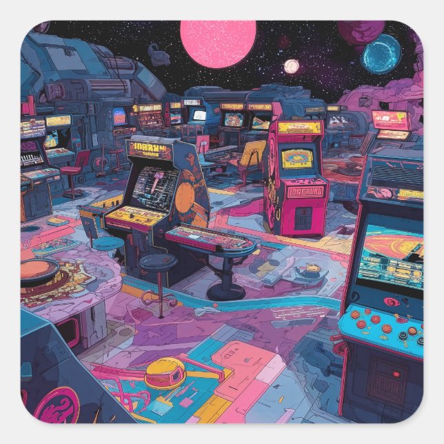 Adesivo Quadrado Futuristic Retro Arcade in Outer Space (Frente)