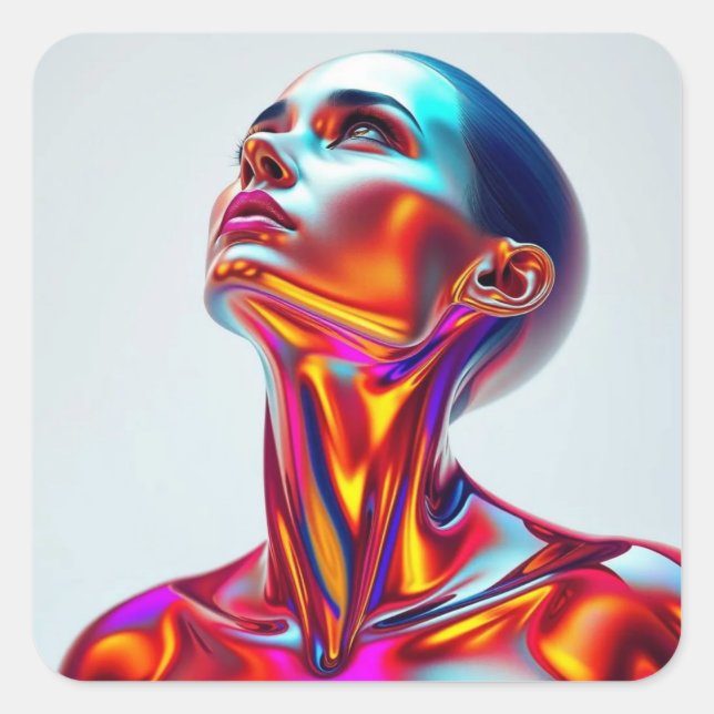 Adesivo Quadrado Futuristic woman portrait, sci-fi aesthetics, neon (Frente)