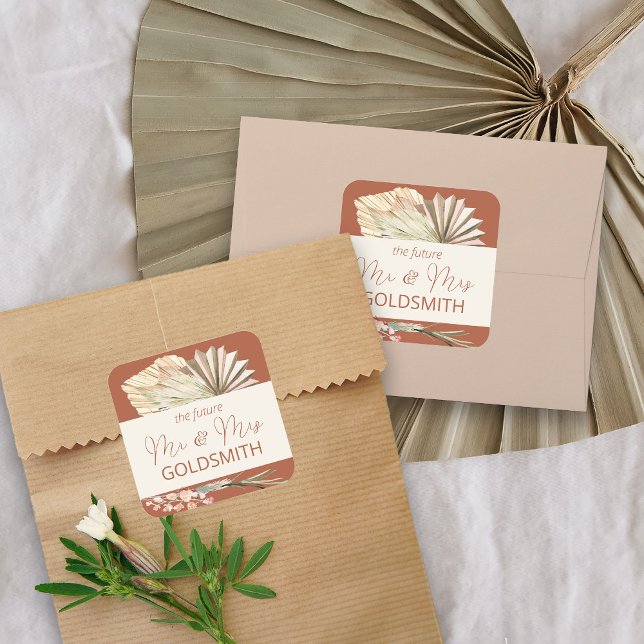 Adesivo Quadrado Futuro Envelope Casado Sr. e Sra. Terracotta (Future Mr & Mrs stickers from my Boho Palm Bridal Shower Collection)