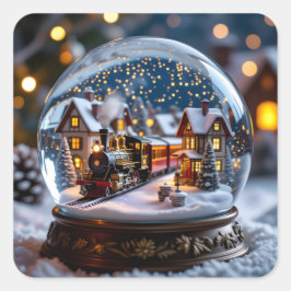 Adesivo Quadrado G globo de neve com trem e vila antigos