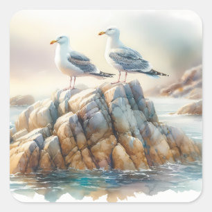 Adesivo Quadrado Gaivotas Costeiras Aquarela Paisagem Marítima