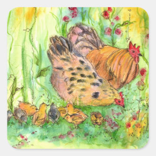 Adesivo Quadrado Galinha Fazenda de aves aquáticas com aquarela