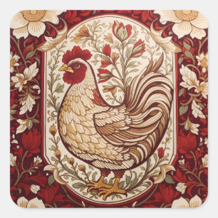 Adesivo Quadrado Galinha Vintage Floral Vermelha e Creme