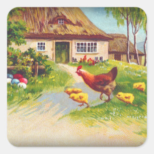 Adesivo Quadrado Galinhas e Ovos de Páscoa