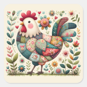Adesivo Quadrado Galo de Patchwork Folclórico com Acentos Florais