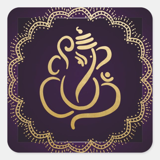 Adesivo Quadrado Ganesh Festivo Dourado | Deus Indiano Roxo (Frente)