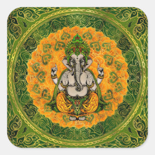 Adesivo Quadrado Ganesha em Marigold flores e decoração de ouro