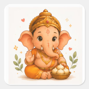 Adesivo Quadrado Ganesha Fofo com Modak Ganesh Chaturthi