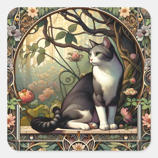 Adesivo Quadrado Garden Gateway Art Nouveau Cat (Frente)