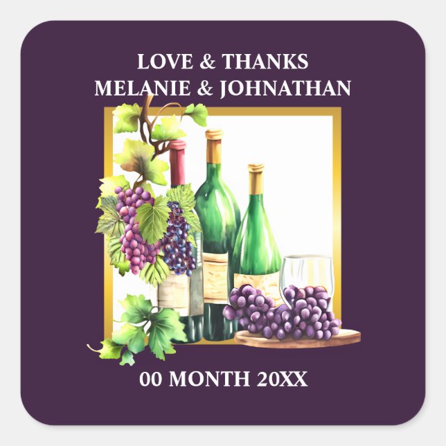 Adesivo Quadrado Gargalos de vinho aquarela uvas lápis vinícola chi (Frente)