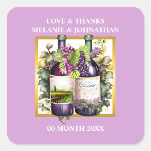 Adesivo Quadrado Gargalos de vinho aquarela uvas lavanda vinhedo