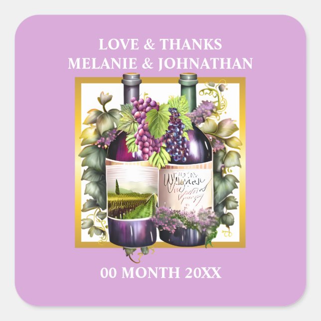 Adesivo Quadrado Gargalos de vinho aquarela uvas lavanda vinhedo (Frente)