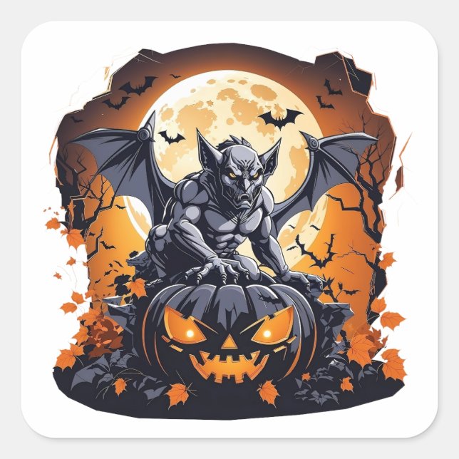Adesivo Quadrado Gargoyle em uma abóbora de Halloween (Frente)