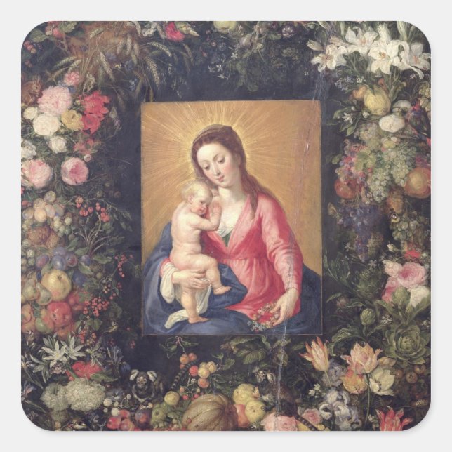 Adesivo Quadrado Garland of Frutas and Flowers with Virgin and Chil (Frente)