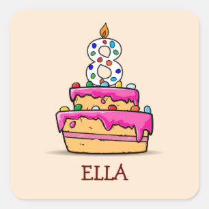 Adesivo Quadrado Garota 8º aniversário, 8 no Bolo Rosa Doce