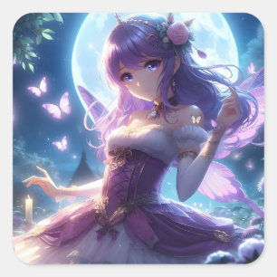 Adesivo Quadrado Garota Anime Asa de Borboleta Violeta Fada da Lua