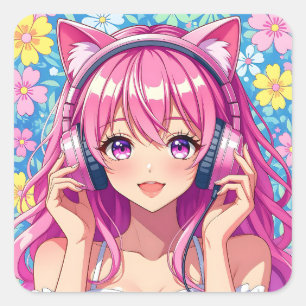 Adesivo Quadrado Garota Anime Rosa Fofa com Fones de Ouvido