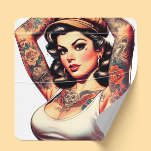 Adesivo Quadrado Garota Bonita de Tatuagem Vintage