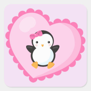 Adesivo Quadrado Garota bonita pinguim em coração de Rosa claro g