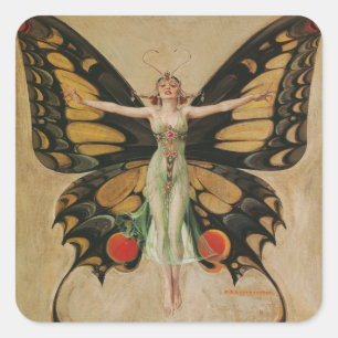 Adesivo Quadrado Garota Borboleta de Leyendecker Arte Deco Vintage