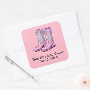 Adesivo Quadrado Garota Chá de fraldas Rosa Boots Western