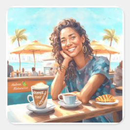 Adesivo Quadrado Garota com café
