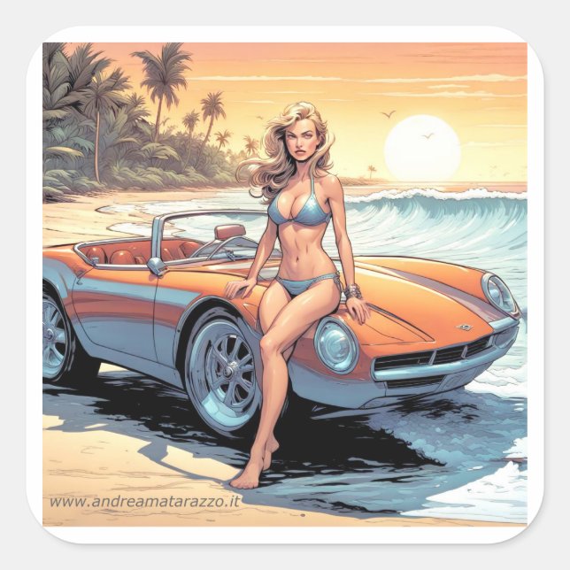 Adesivo Quadrado Garota com carro esportivo (Frente)