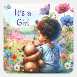 Adesivo Quadrado Garota com Chá de fraldas de Urso de Teddy É uma G