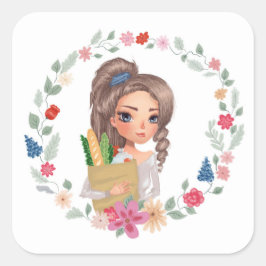 Adesivo Quadrado Garota com compras