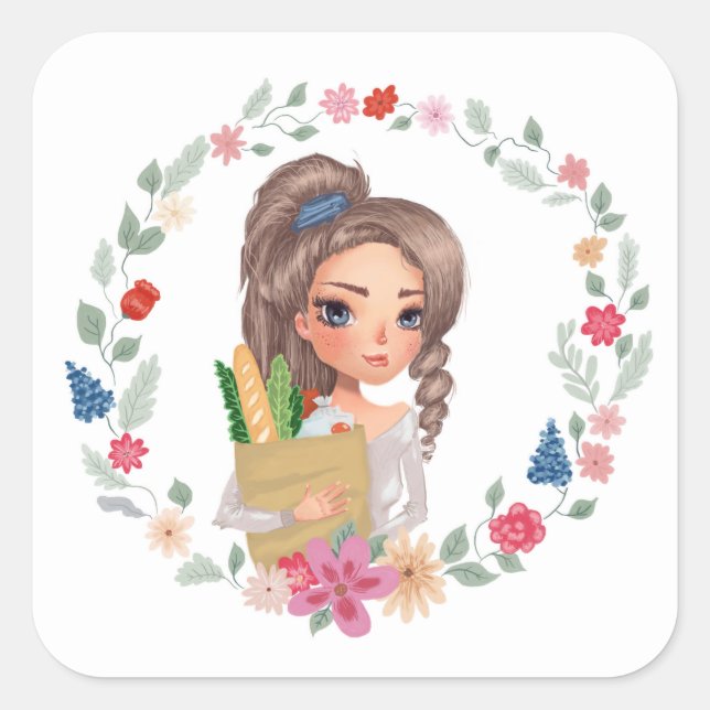 Adesivo Quadrado Garota com compras (Frente)