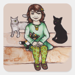 Adesivo Quadrado Garota com gatos