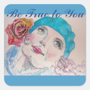 Adesivo Quadrado Garota com Rosa vermelha Beret É Verdade Para Voc