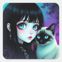 Adesivo Quadrado Garota de Anime e Gato Siames