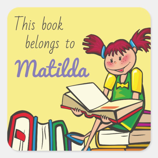Adesivo Quadrado Garota do Cartoon Lendo Livro Belong para Personal (Frente)