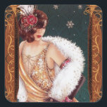 Adesivo Quadrado Garota Flapper de Natal em Dourado vestido<br><div class="desc">Vintage 1920 Flappers de Natal em um vestido dourado,  brilhante. Uma em uma série de meninas que celebram o Natal. Uma maneira de desperdiçar o embrulho de presente! Obrigado a um ilustrador fantástico!</div>