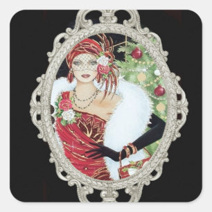 Adesivo Quadrado Garota Flapper de Natal Vestido Vermelho e Dourado