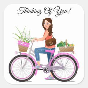 Adesivo Quadrado Garota Na Bicicleta Rosa De Flores E Vegetais