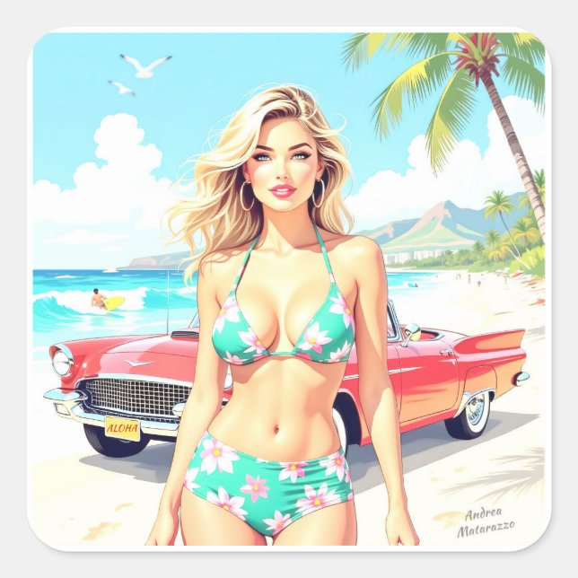 Adesivo Quadrado Garota na praia com um carro clássico (Frente)