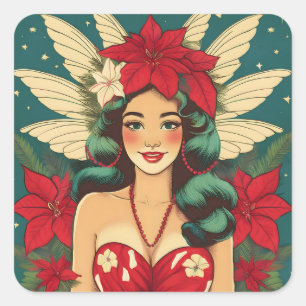 Adesivo Quadrado Garota Pin-Up de Natal Tropical dos Anos 50 Retrô