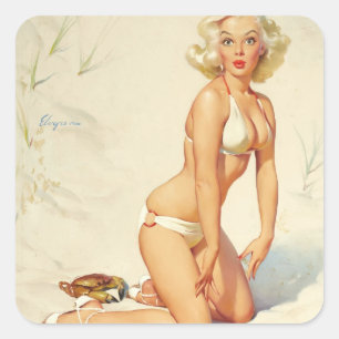 Adesivo Quadrado Garota Pin-up Retro na Praia