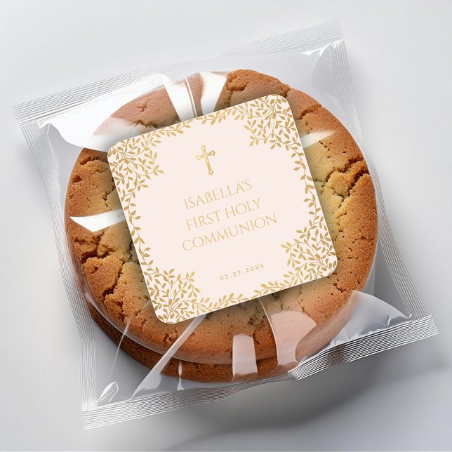 Adesivo Quadrado Garota Primeira Comunhão Rosa Faux Folhas Douradas (Criador carregado)