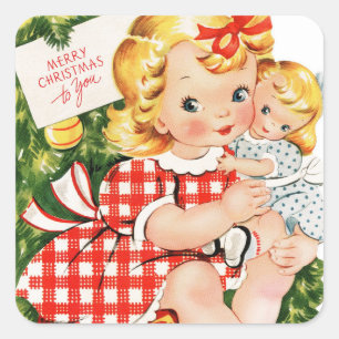 Adesivo Quadrado Garota Vintage abraçando boneca